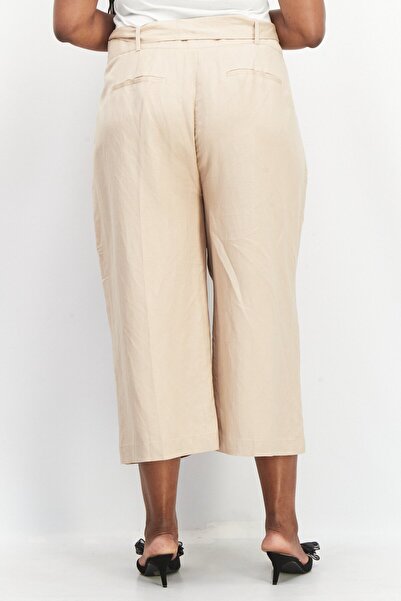 Forever New Women Curve Fit Solid Belted Wide Leg Pants, Beige