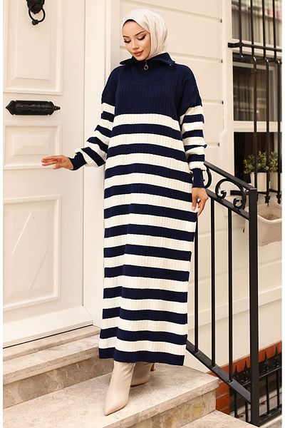 sefamerve Ριγέ Πλεκτό Φόρεμα 11042-06 Navy Blue