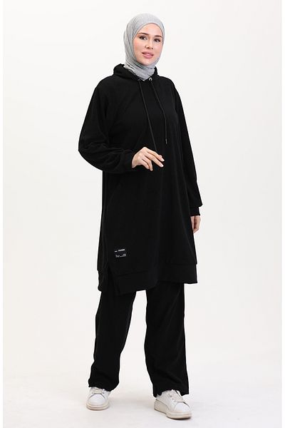 sefamerve Schwarzes Tunika- und Hosen-Set mit Kapuze – 0566-01