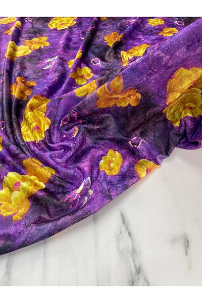 ipekkumaş Țesătură de catifea pentru rochii cu model de flori violet Produsul nostru se vinde la bucăți 1 bucată 1 metru