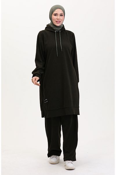 sefamerve Khakifarbenes Tunika- und Hosen-Set mit Kapuze – 0566-04