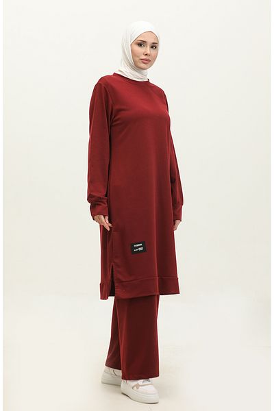 sefamerve Dunkelburgunderfarbenes Tunika- und Hosen-Set mit zwei Saiten – 0044-30