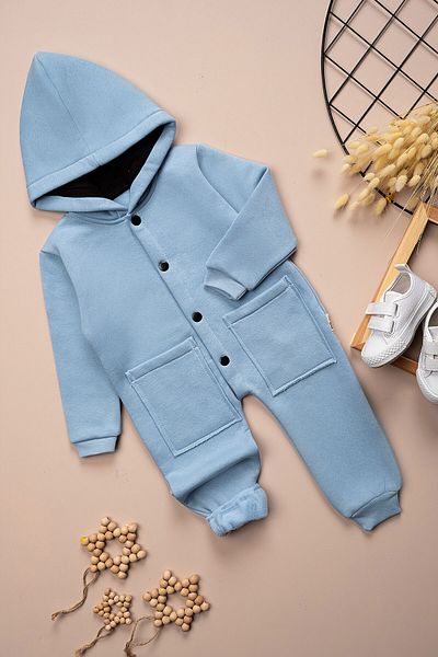 Beniizle Children's Winter 3 Thread Ribbed Hooded Double Pocket Snap Button Jumpsuit
