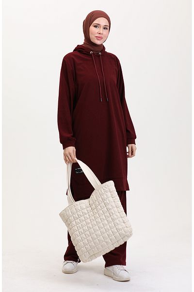 sefamerve Burgunderfarbenes Tunika- und Hosen-Set mit Kapuze – 0566-03