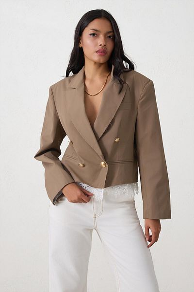 Setre Mink Asymmetrical Closure Lace Detail Long Sleeve Short Jacket
