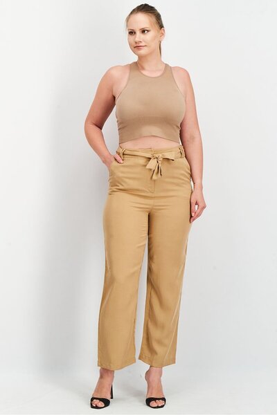 Tchibo Women Belted Solid Trouser Pants, Tan