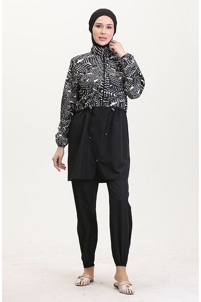 sefamerve Elastischer Bund mit Reißverschluss, Hijab-Badeanzug mit Tasche, Geschenk 9001d-01, Weiß, Schwarz