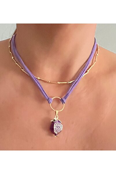 tones official Tasarım Mor-Lila Nubuk İpli Zirkon Nar Kolye