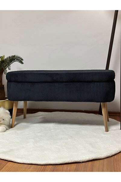 KOKİ DESİGN OSLO İthal Premium Kumaş Fitilli Kadife Siyah Sandıklı Bench Puf