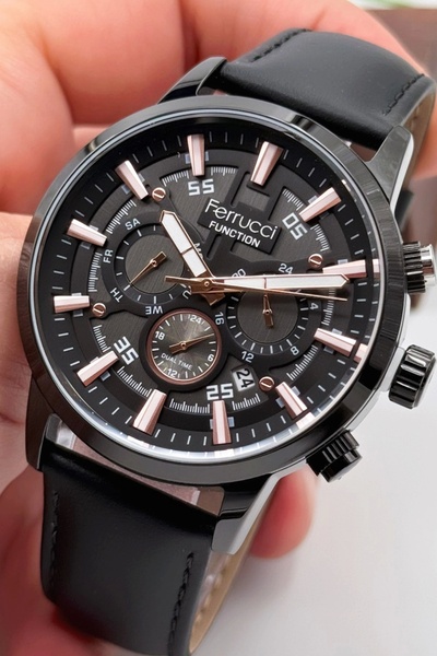 Ferrucci Function Siyah Deri Kordon Erkek Kol Saati 3Atm+Bileklik Hediyeli sdfer140