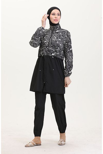 sefamerve Elastischer Bund mit Reißverschluss, Hijab-Badeanzug mit Tasche, Geschenk 9001d-01, Weiß, Schwarz