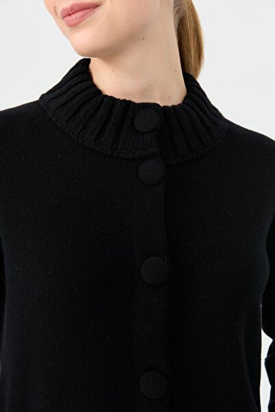 Desen Triko Black Stand Collar Basic Long Wool Cardigan - Women