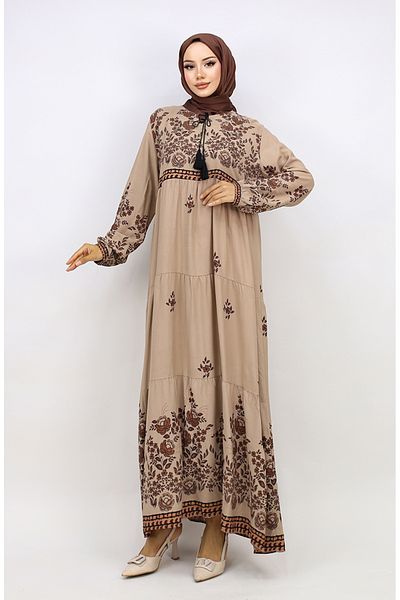 sefamerve Nerzfarbenes Viskose-Kleid mit Blumendruck in Übergröße – 4084-08
