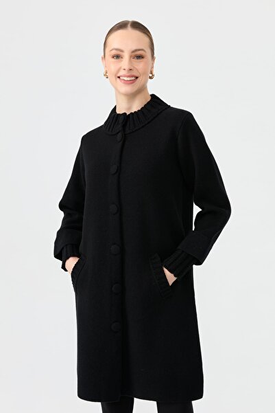 Desen Triko Black Stand Collar Basic Long Wool Cardigan - Women