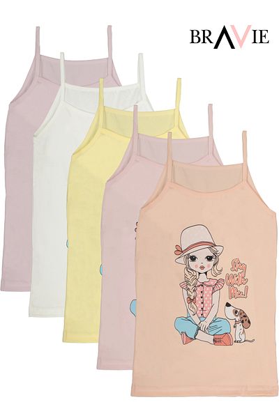 Bravie Girl's Illustrated Colorful Girls' Tank Top with Rope Strap, Pack of 5