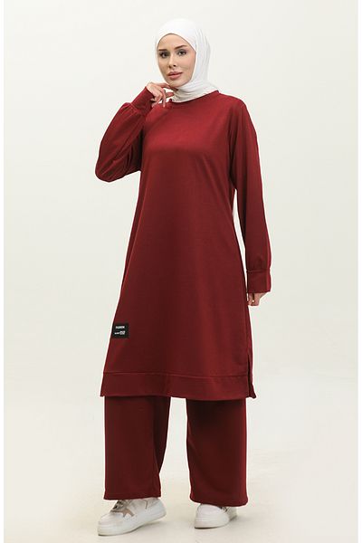 sefamerve Dunkelburgunderfarbenes Tunika- und Hosen-Set mit zwei Saiten – 0044-30