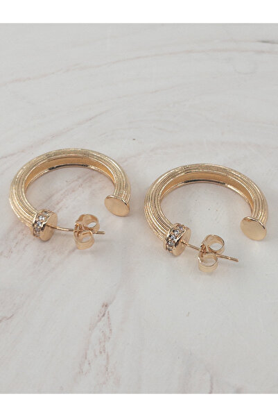 Siya Silver Gold Renk Zirkon Taşlı Çizgi Dokulu Kadın Halka Küpe