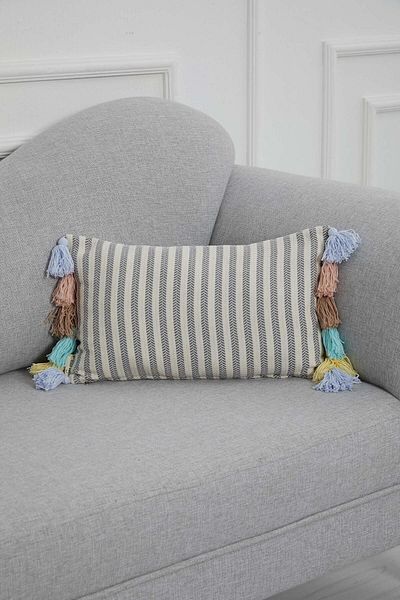 Aisha's Design Colorful Tasseled Rectangular Blue Striped Throw Pillow Cover, K-274