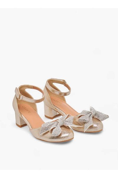 Celeste Girls' Bow Applique Block Heel Shoes with Hook and Loop Closure