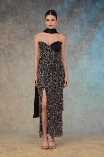 Carmen Siyah Gold Straplez Şallı Payetli Abiye Elbise