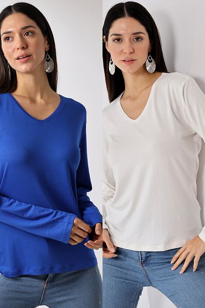 Devinka Women's 2 Pack V-Neck Oversize Basic Long Sleeve T-Shirt