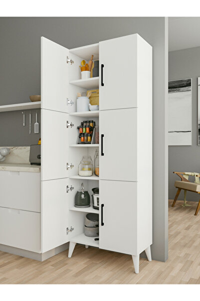MONTENERO Çok Amaçlı Dolap Parlak Beyaz Kiler Mutfak Banyo Balkon Kapaklı Raflı Dolap
