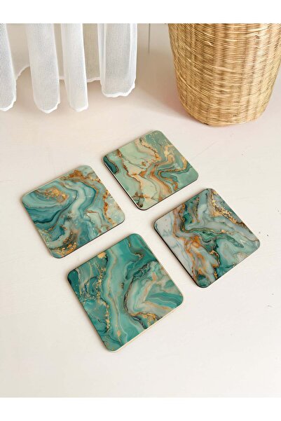 arslart طقم قواعد أكواب خشبية فاخرة من الرخام الفيروزي مكون من 4 قطع