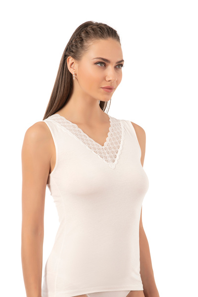 ÖZKAN underwear Özkan 26955 Women's Cotton Modal Flexible Soft Front Lace Detailed V-Neck Thick Strap Tank Top
