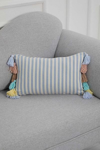 Aisha's Design Colorful Tasseled Rectangular Blue Striped Throw Pillow Cover, K-274
