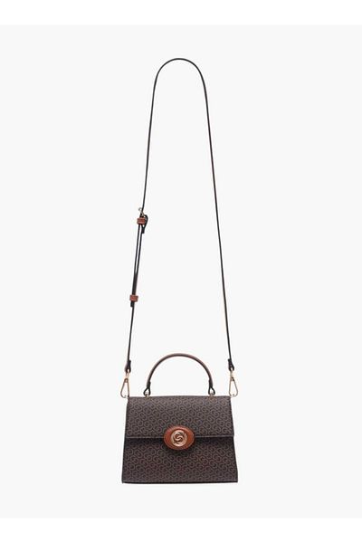 Celeste Monogram Print Satchel Bag with Button Closure and Adjustable Strap