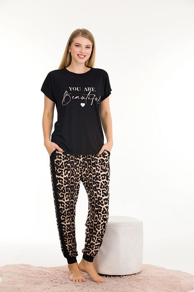Lady Lingerie Set pijamale cu mânecă scurtă cu imprimeu leopard pentru femei - 93% bumbac 7% lycra cu buzunare largi