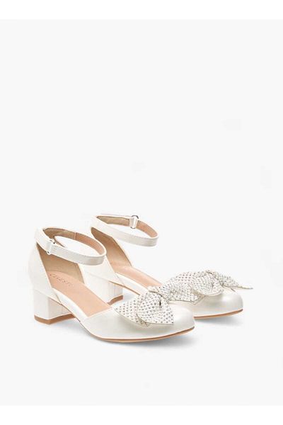 Celeste Girls' Bow Embellished Block Heel Shoes with Hook and Loop Closure