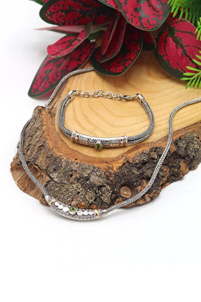 Midyat Nurtaş Gümüş Yeşim Taşlı 925 Ayar Saf Gümüş Hasır Zincir Unisex 2'li Set 201023671