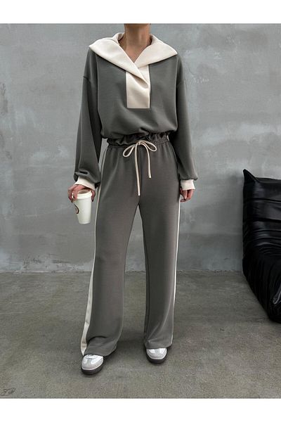 Askı Nişantaşı Green-Beige Stripe Detailed Modal Fabric Sweat Tracksuit Set