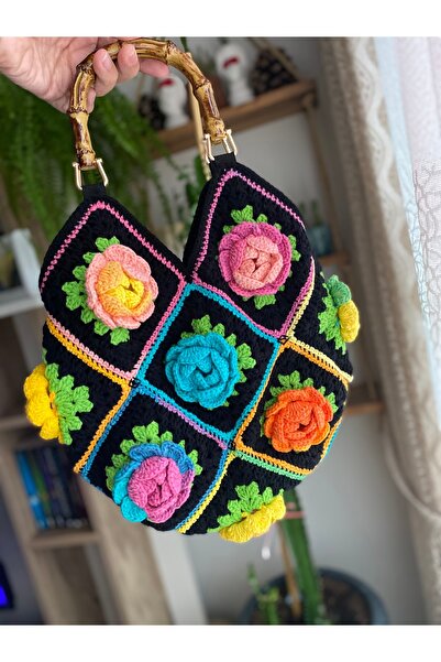 Satürn Hobi Örgü Gül Motifli Çanta