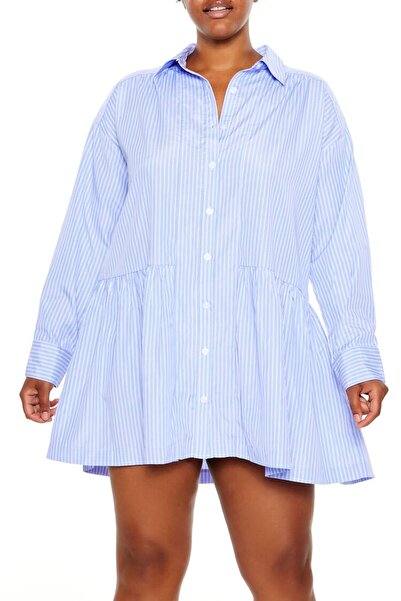 Forever 21 Plus Size Çizgili Mini Gömlek Elbise