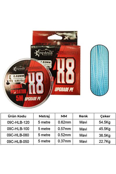 CAPTAIN Hook Line 8X Upgrade PE Bloody Predator Assist Σχοινί 5μ Μπλε - 0,37 MM / 50LB