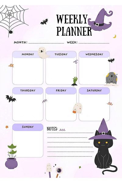 Rana İkra Art Purple Cat Themed Weekly Planner Note Sheet (25 Pieces) (A4)