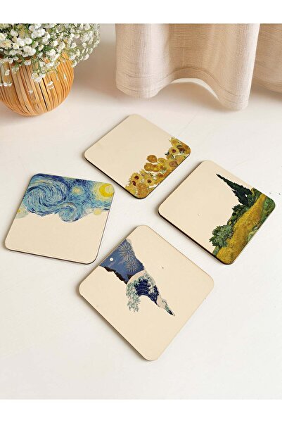 arslart مجموعة قواعد أكواب خشبية ذات طابع فني مكونة من 4 قطع