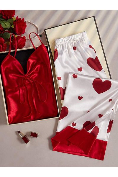 randevu Satin Heart Athlete Pants Soft Satin Homewear Set