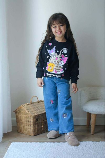 MİNİKO KİDS Girl's Kuromi Modeled Jeans Pant Embroidered 2-Piece Suit