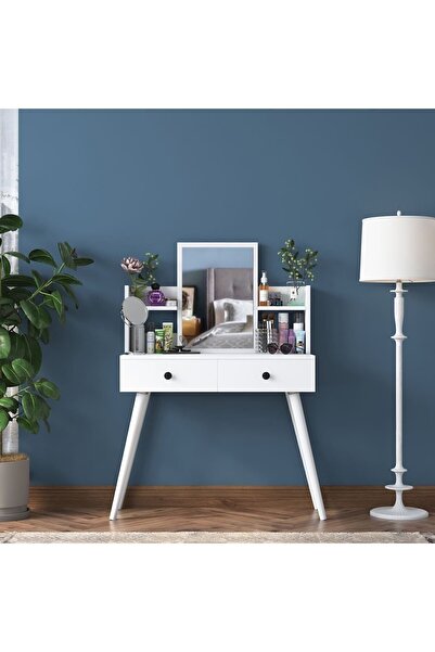 Rani Mobilya Rani Bj102 Makyaj Masası 2 Çekmeceli Raflı Aynalı Takı Düzenleyici Beyaz