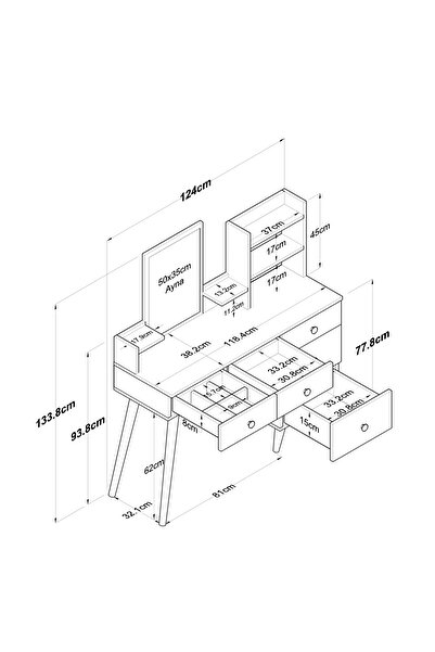 Rani Mobilya Bj101 Makyaj Masası 5 Çekmeceli Raflı Aynalı Takı Düzenleyici Beyaz