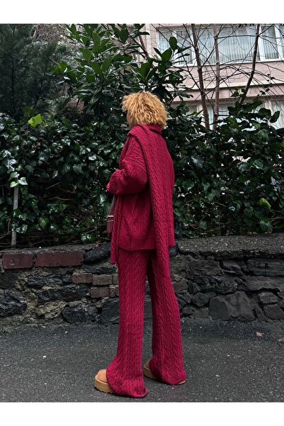 Bak'ap Premium Atkılı Saç Örgülü Yumuşacık 3lü Atkılı Pantolon Kazak Triko 3'lü Takım