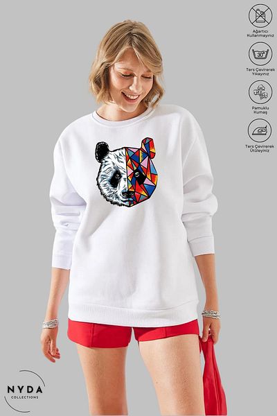 Nyda Collections Unisex μακρυμάνικο πολύχρωμο φούτερ Panda με στάμπα με λαιμόκοψη χωρίς κουκούλα