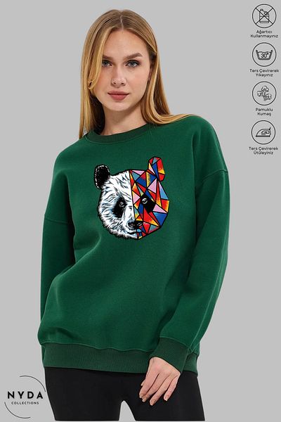 Nyda Collections Unisex μακρυμάνικο πολύχρωμο φούτερ Panda με στάμπα με λαιμόκοψη χωρίς κουκούλα