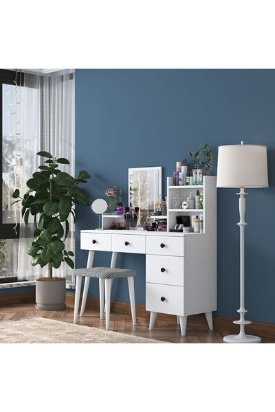 Rani Mobilya Bj101 Makyaj Masası 5 Çekmeceli Raflı Aynalı Takı Düzenleyici Puf Takım Beyaz
