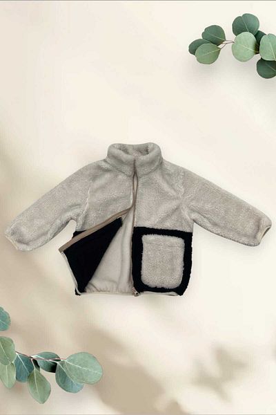 Montup Girl's Plush Ecru Black Pocket Zippered Welsoft Winter Coat