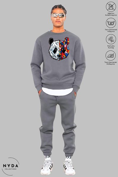 Nyda Collections Unisex μακρυμάνικο πολύχρωμο φούτερ Panda με στάμπα με λαιμόκοψη χωρίς κουκούλα