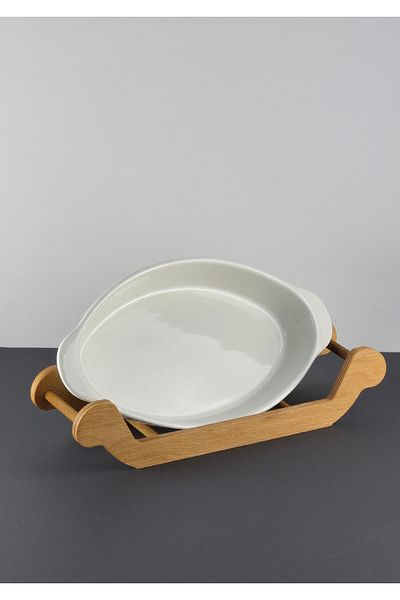 HomeTarz Rectangular Ceramic Baking Pot and Plate with Wooden Stand